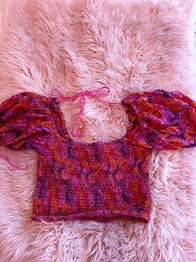 Free People Multi Colour Floral Smocked Puff-Sleeve Crop Top